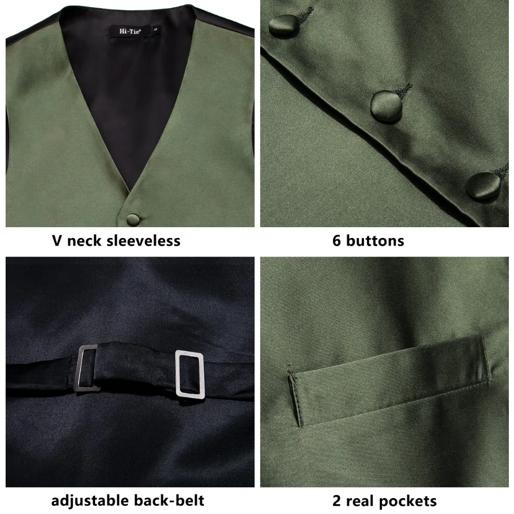 Hi-Tie Men's Suit Vest Silk Classic Party Wedding Necktie Waistcoat Vest Pocket Square Tie Suit Set Green Vests for Men VE-0006 Hi-Tie Men's Suit Vest Silk Classic Party Wedding Necktie Waistcoat Vest Pocket Square Tie Suit Set Green Vests for Men VE-0006