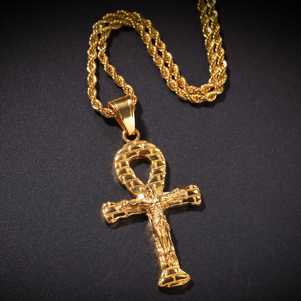 

Stainless Steel Gold Egypt Ankh Key Pendant Hip Hop Long Chain Necklace for Man Women Fashion Jewelry