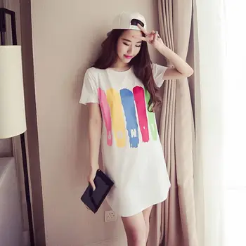 

Summer Women Letter Print Knee -Length Dress Round Neck Short Sleeve Long T-Shirts Dresses