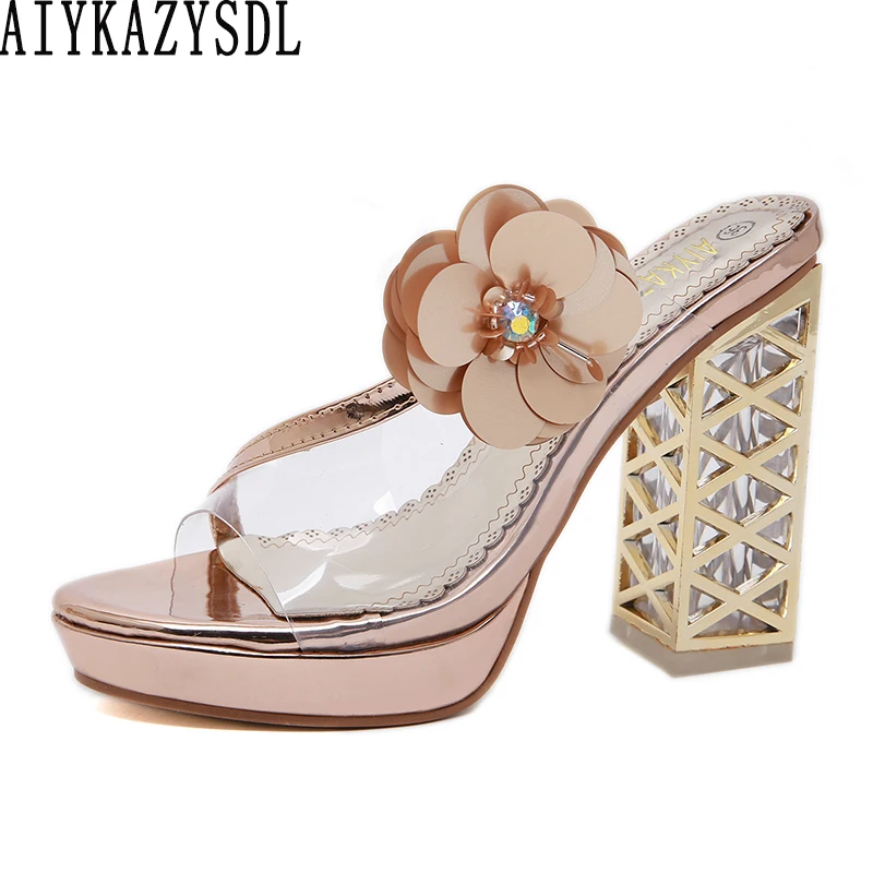 

AIYKAZYSDL Women Boho Bohemia Sandals Flower Crystal Rhinestone Open Toe Mules Slides Cut Out Clear Heel Metallic Shoes 2019