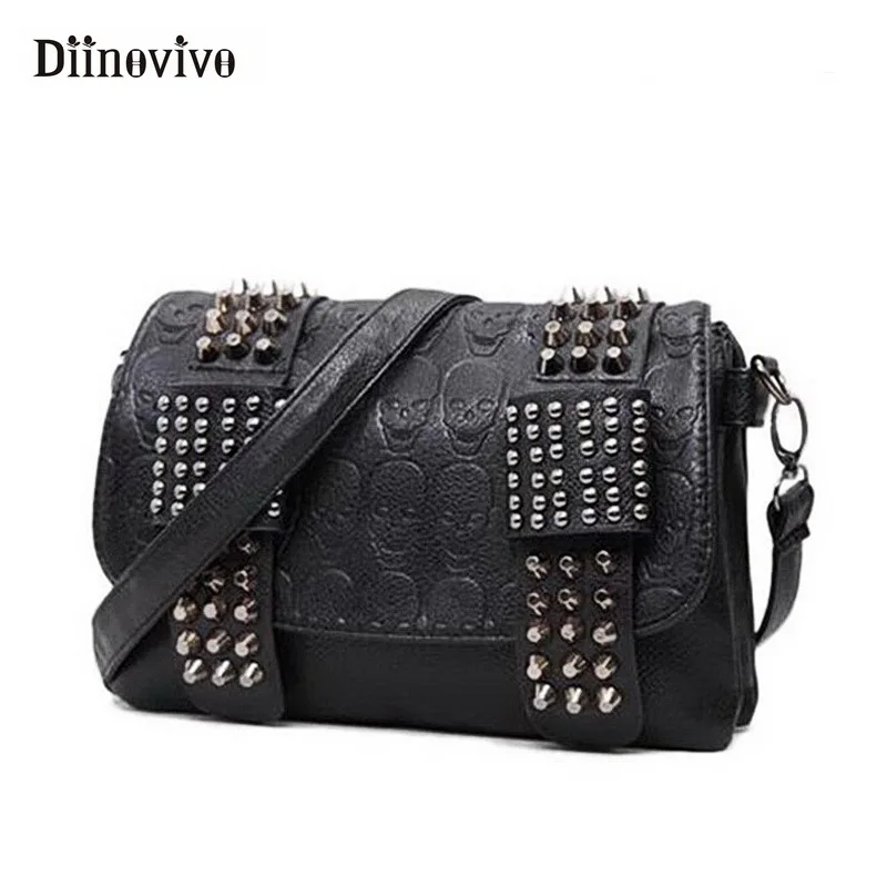  DIINOVIVO 2019 New Rivet Women Bag PU Leather Shoulder Bags Skull Bag Punk Crossbody Bags For Women