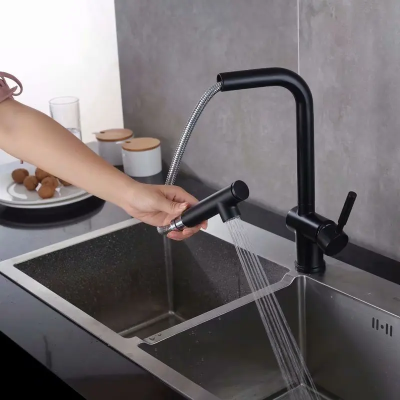

smoked pull type cold and hot water mixer universal pull out basins faucets Kitchen sink telescopic shower faucet 360 degree