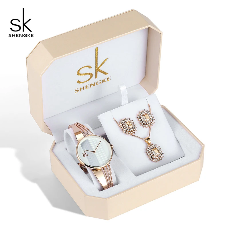 Offerte Shengke In Oro Rosa Orologi Delle Donne di Lusso Set di Cristallo Degli Orecchini Della Collana Set 2019 SK Signore Orologio Al Quarzo Regali Per Le Donne