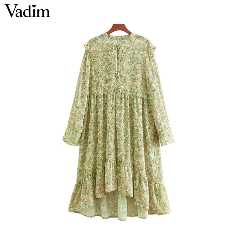 

Vadim women ruffled chiffon midi dress long sleeve bow tie collar see through female sweet mid calf dress vestidos QB396