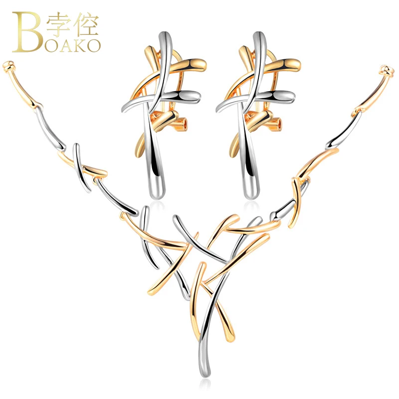 

BOAKO Hot Silver Gold Color Metallic Earrings Statement Necklace Cross Jewelry Set for Women Punk Style Female Party Jewelry Set