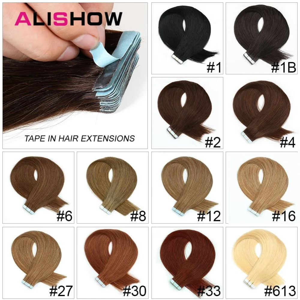 Alishow Tape In Remy Human Hair Extensions Double Drawn Remy Hair Straight Invisible Skin Weft PU Tape On Hair Extensions