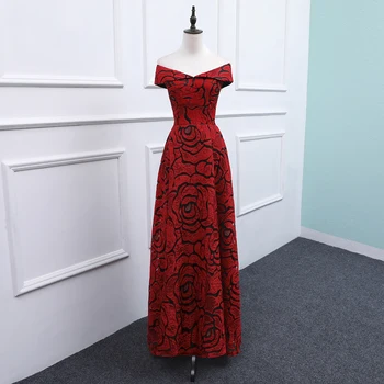 

New Cap Sleeves Evening Dresses 2019 Wine Red A-line Printed Satin Lace up Boat Neck Long Formal Evening Gown Factory Outlet