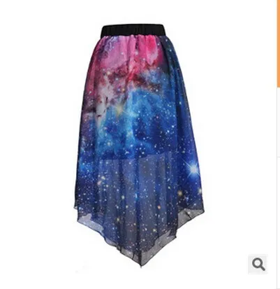 Новая мода Galaxy Stars цифровые печатные юбки для женщин high Street Celebrity Асимметричная длинная шифоновая юбка на продажу