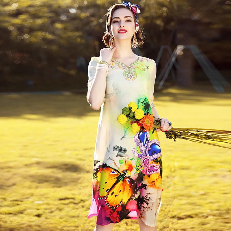 

A10ZT374 Wholesale spring 2017 Europe and United States Women Silk Clothes ladies Printed Pure Silk Dress