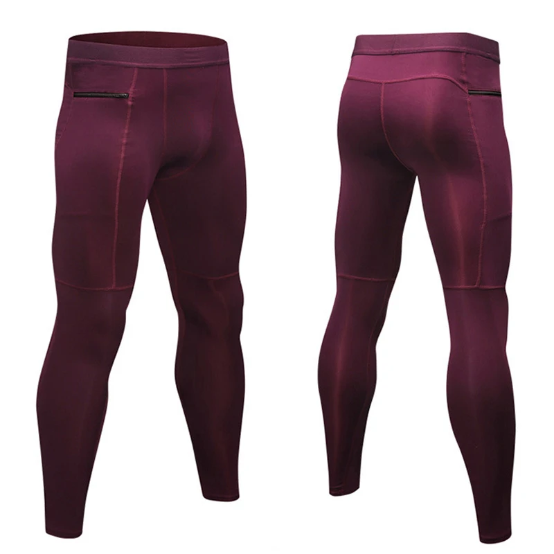 Quick Dry Solid Running Tights With Zipper Pocket High Elastic Mens Fitness Gym Sport Trousers Wicking Leggings Pants Sportswear