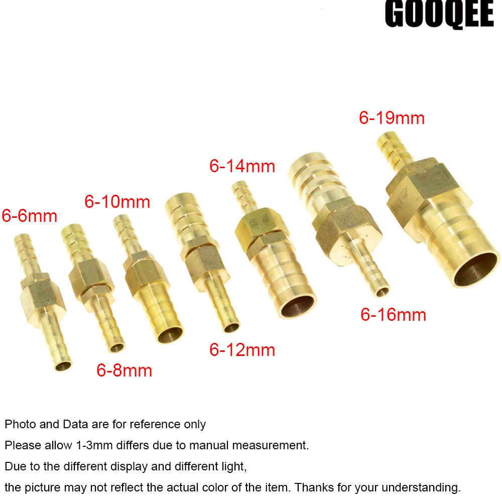 1pcs Brass 6mm Hose Fitting to 6/8/10/12/14/16/19mm OD Raccord Reducer Barbed Adapter Pipe Fittings Gas Copper Coupler Connector