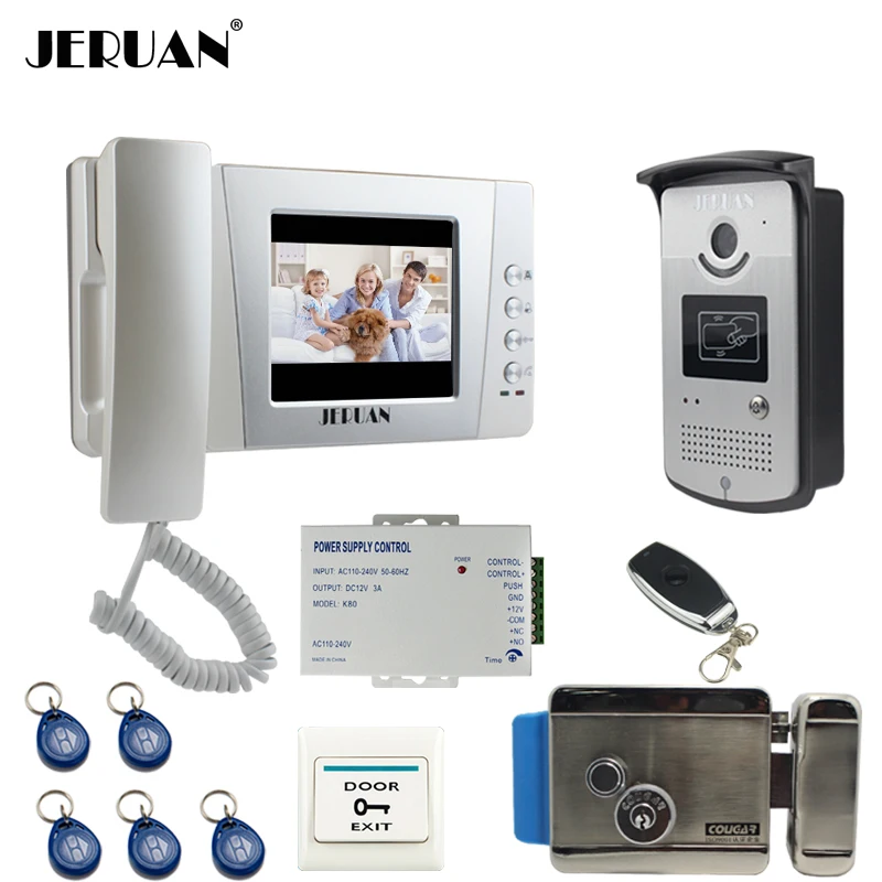 Cheap JERUAN wired 4.3`` Video Door Phone intercom System Kit +700TVL RFID Waterproof IR Night vision Camera + ELectric control lock