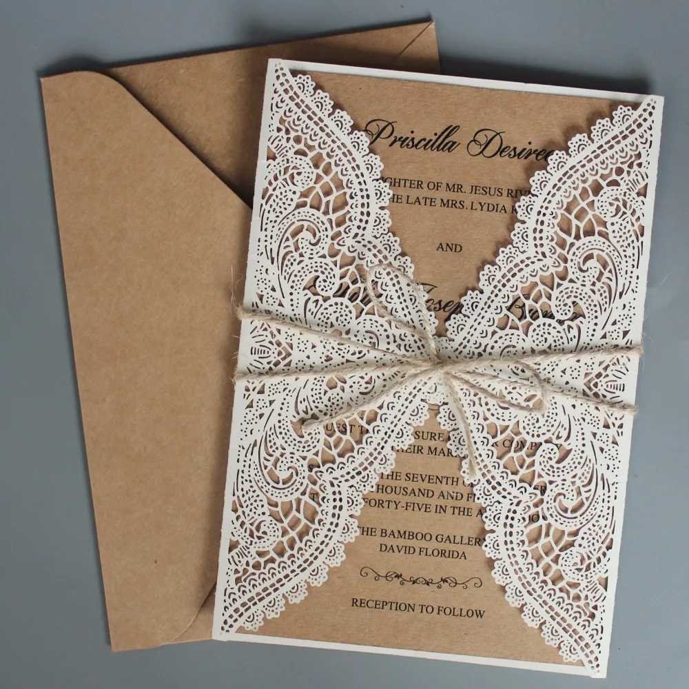  Rustic Wedding Invitations Suite Kraft Paper Invitation Cards Lace Wedding Invite With Envelope - S - 32904787350