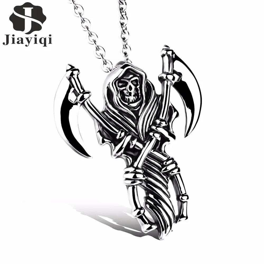 

Jiayiqi Punk Men Necklaces Skull Double Axe Pendant Stainless Steel Chain Necklace Cool Grim Reaper Rock Male Jewelry G