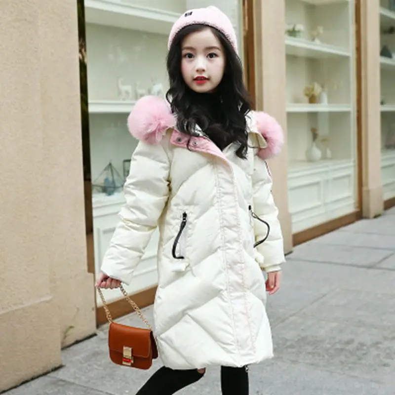 Baby Girls Coats Children's Solid Cotton-padded Warm Winter Jackets Coat Thick Fur Collar Hooded long down Coats For Teenage 5-14Y kids clothing (1)