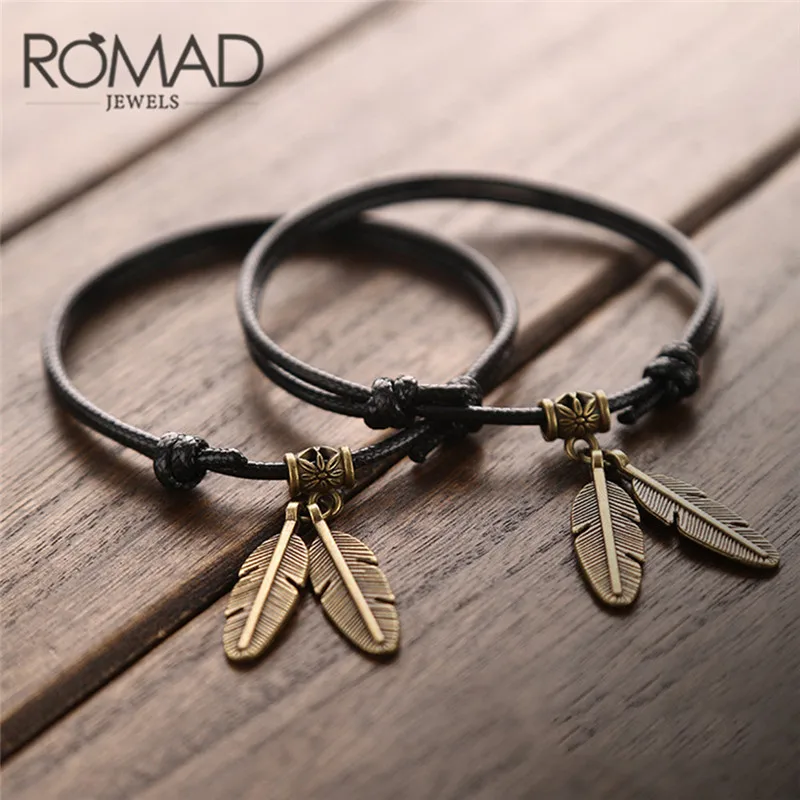 

ROMAD Couple Leather Bracelets Heart-shaped Feather Boyfriend Girlfriend Bracelets Pulseira Masculina Jewelry Charm Pulseiras R4
