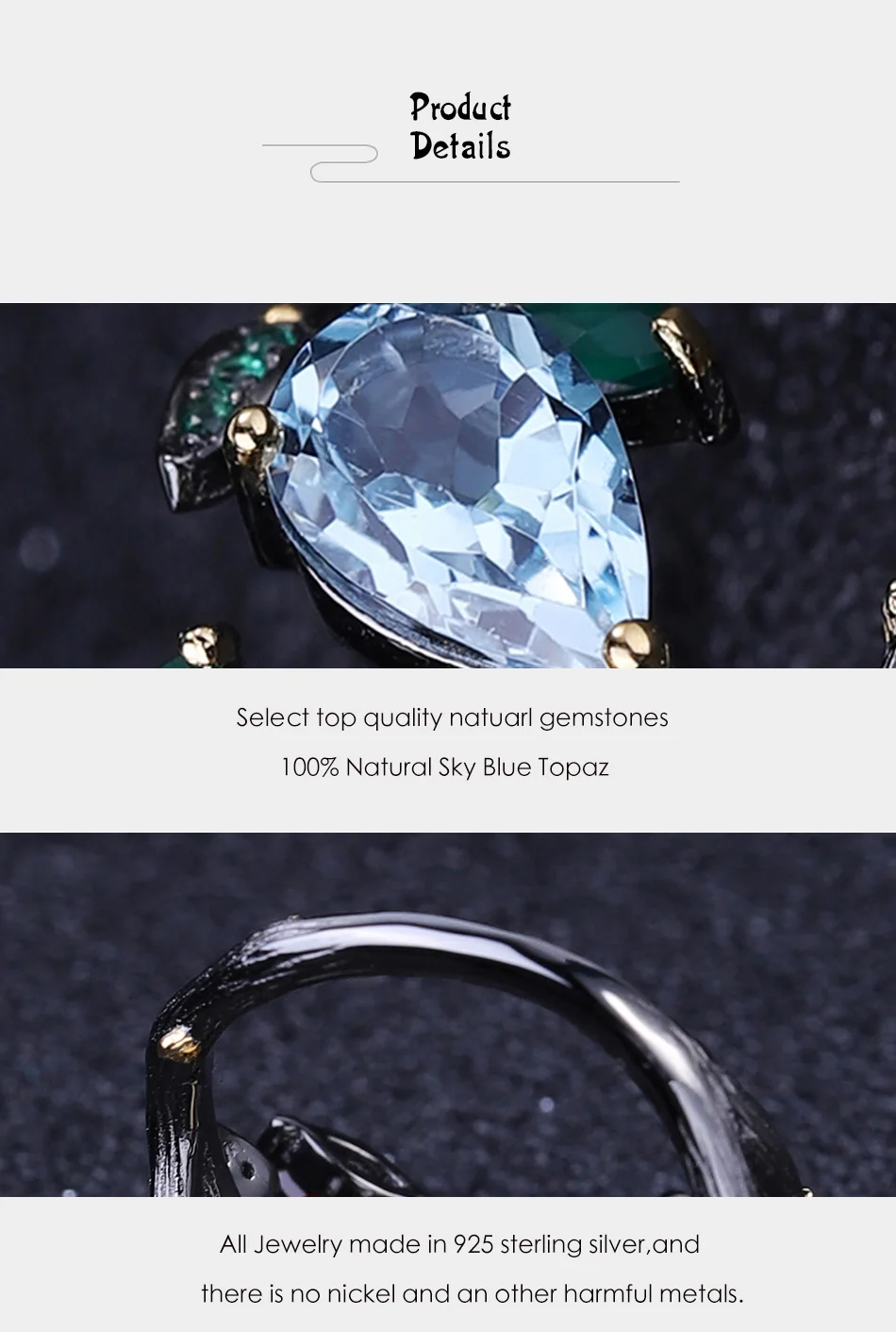 GEM'S BALLET 2.29Ct кольцо с натуральным небесно-голубым топазом, 925 пробы, серебро,, ручная работа, бабочка на ветке, кольца для женщин, бижутерия