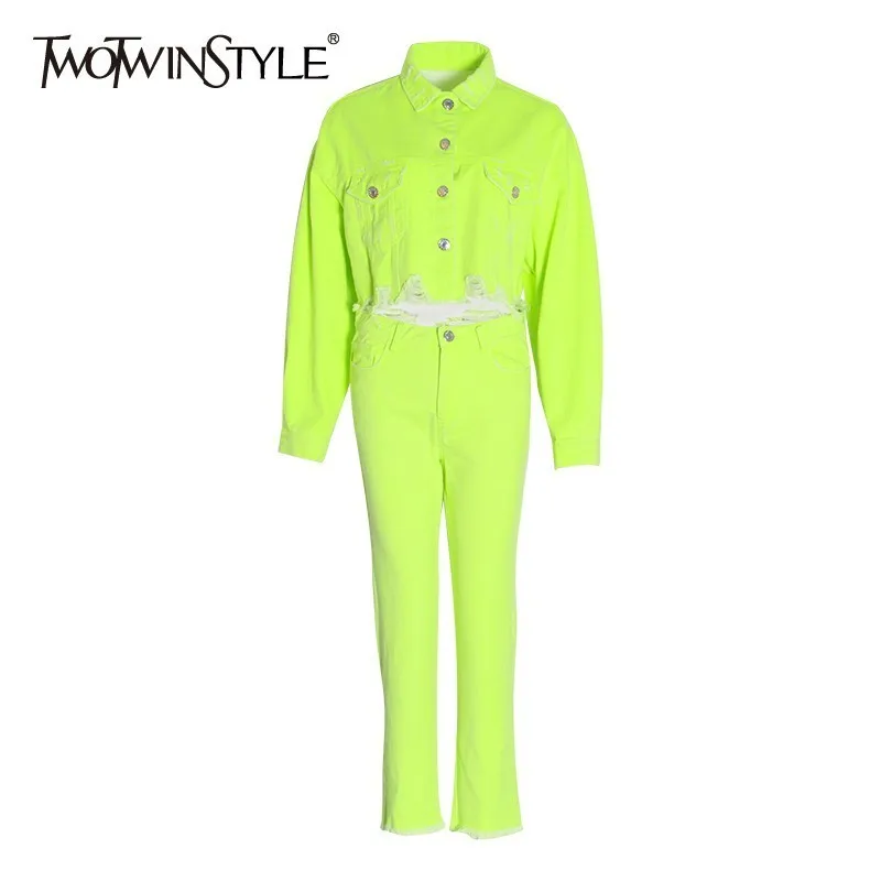 

TWOTWINSTYLE Lemon Denim Two Piece Sets Women Long Sleeve Denim Jacket Tops Female High Waist Jeans Pants Suits Fashion 2019 New