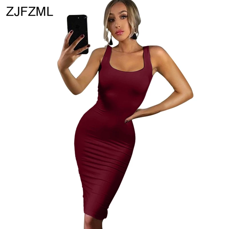 

ZJFZML New Fashion Sleeveless Sexy Strap Dress Women Solid O-Neck Club Wear Bodycon Dress Summer Backless Midi Women Clothing