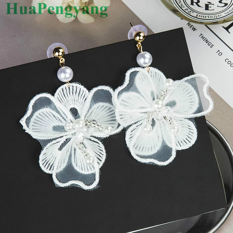 

New Embroidery Flower Earrings Temperament Ladies Fringed Lace Flower Long Imitation Pearl Earrings Rhinestone Earings