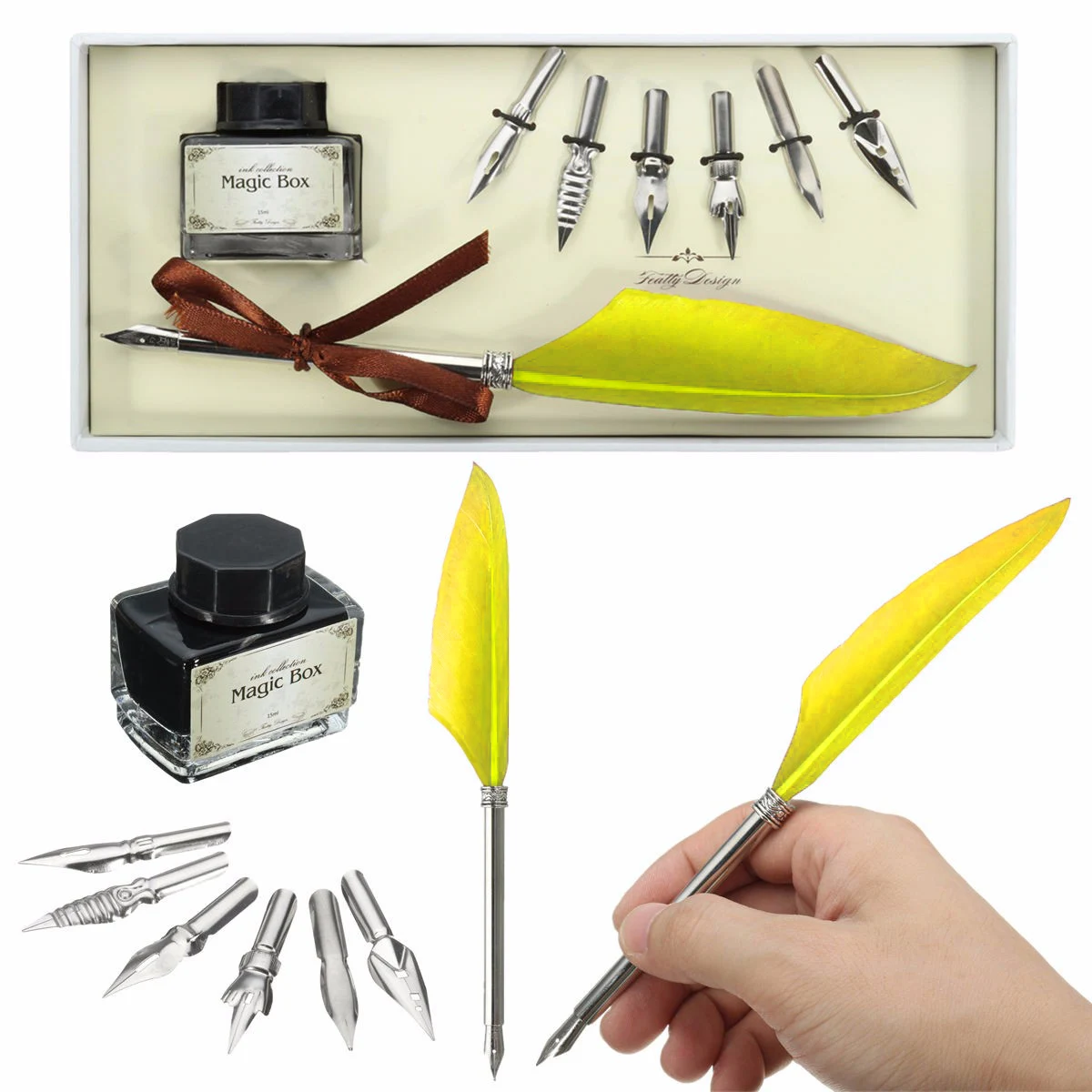 Kicute 1 Set Antique Quill Feather Dip Pen Writing Ink Set Stationery 