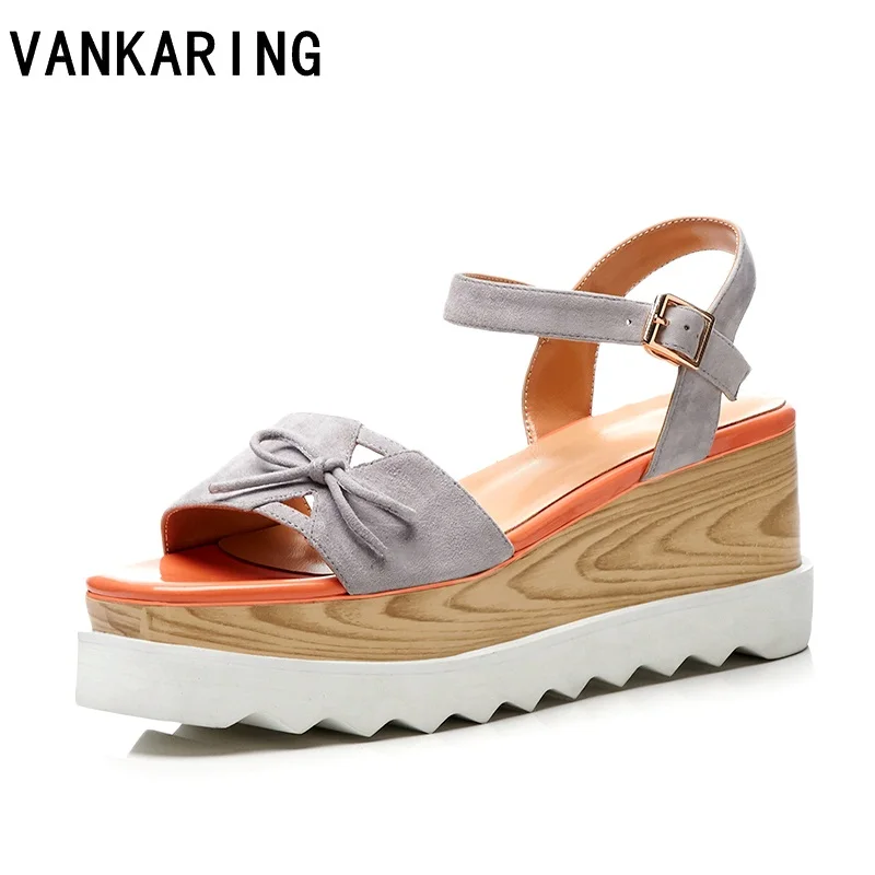 

VANKARING new 2018 summer fashion butterfly knot fashion sandals wedges high heels high qulaity women dress party shoes size 42
