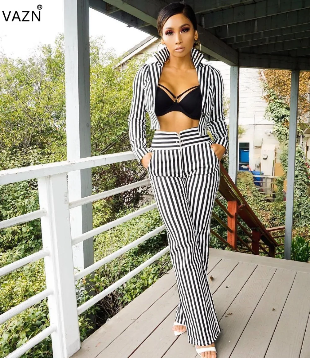 

VAZN Autumn Hot Casual Women 2-Pieces Jumpsuits Striped Zipper Full Sleeve Jumpsuits Ladies Hollow Out Wide Leg Jumpsuits YZ910