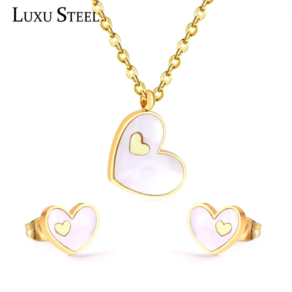 

LUXUSTEEL Best Friend Gift Heart White/Black Shell Pendant Necklace Earring Sets Gold/Silver Color Choker Collars Collier Female
