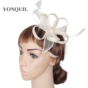 

beige classic sinamay material fascinators headpieces church headwear white bridal hair accessories suit for all season SYF44