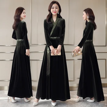 

New Asia & Pacific Islands Clothing pleuche full sleeve kimono yukata style korean fashion long dress modern hanbok costume