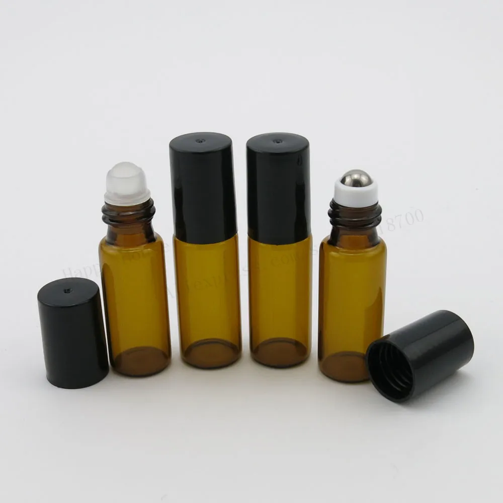 30 x 5ml Mini Amber Glass Roll on Bottle With Black Plastic Lids Stainless Steel Roller 3
