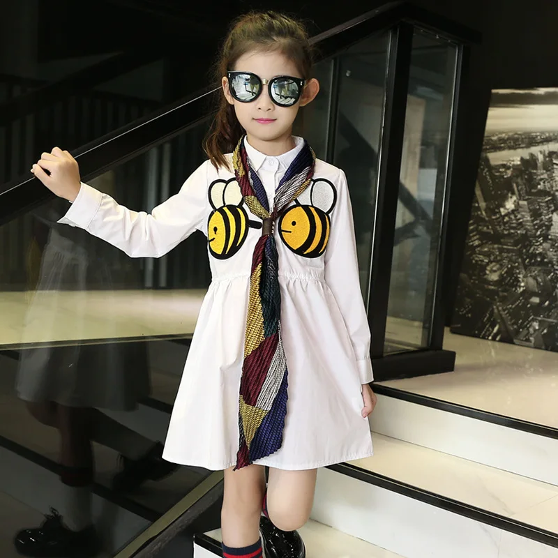 Girls Shirt dress Autumn Embroidered Bees Primary and Secondary Schools Kids Clothing with Scarf Cotton White