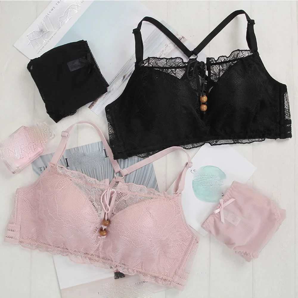 

Sexy lace deep-v neck young girls lingerie hollow out seamless bra set push up adjustable women summer new underwear sets