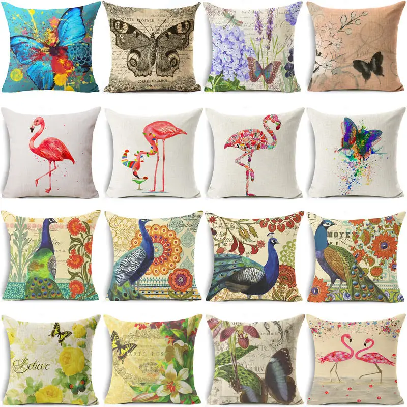 Christmas Cushion Cover vintage Retro Flamingo butterfly Cotton Linen