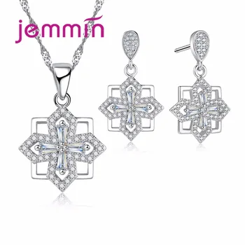

Authentic 925 Sterling Silver Jewelry Sets White Crystals Stackable Necklace Earrings Wedding Engagement Jewelry