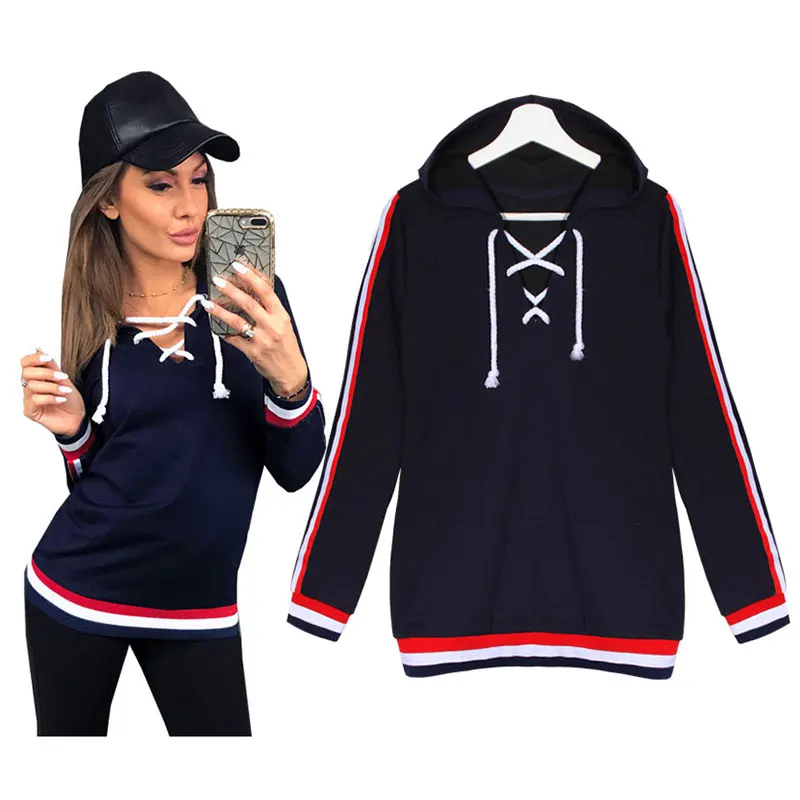 

Hoodie 2018 autumn and winter V-neck bottoming Slim stitching black and white red long-sleeved solid color pullover blue hoodie