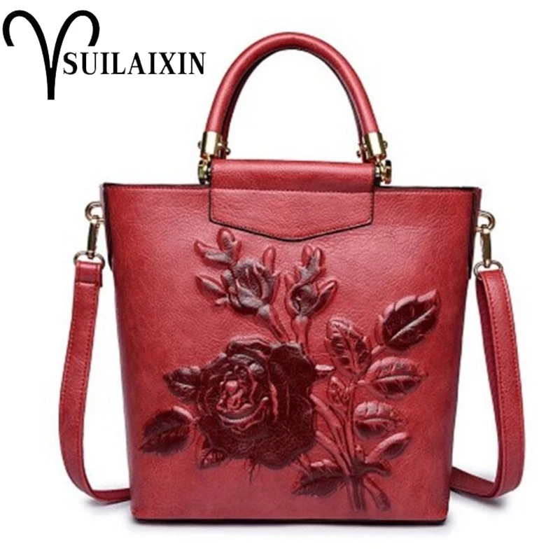 

Women Designer Leather Hobo Bucket Bags Large Embroidery Embossing Printing retro Floral Handbag Luxury Tote Bag High quality