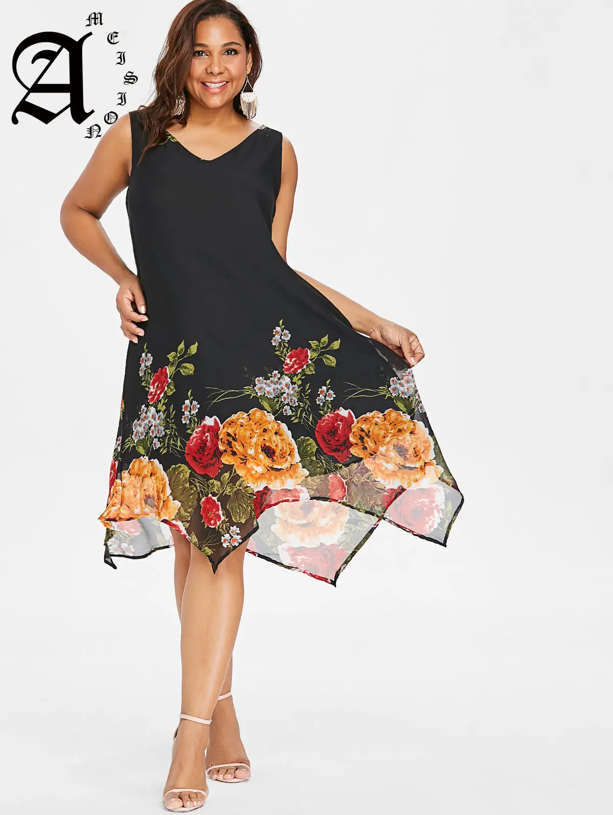 

Ameision Women Summer Dress Floral Handkerchief Irregular Chiffon Dresses Female Sleeveless Boho Elegant Plus Size Vestidos