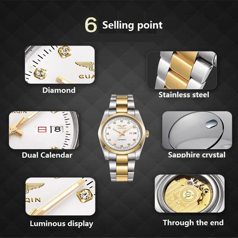 GUANQIN Gold Couple Watch Men Women Mechanical Watch Luminous Calendar Week Waterproof Rhinestones Automatic Lovers Watches (9)
