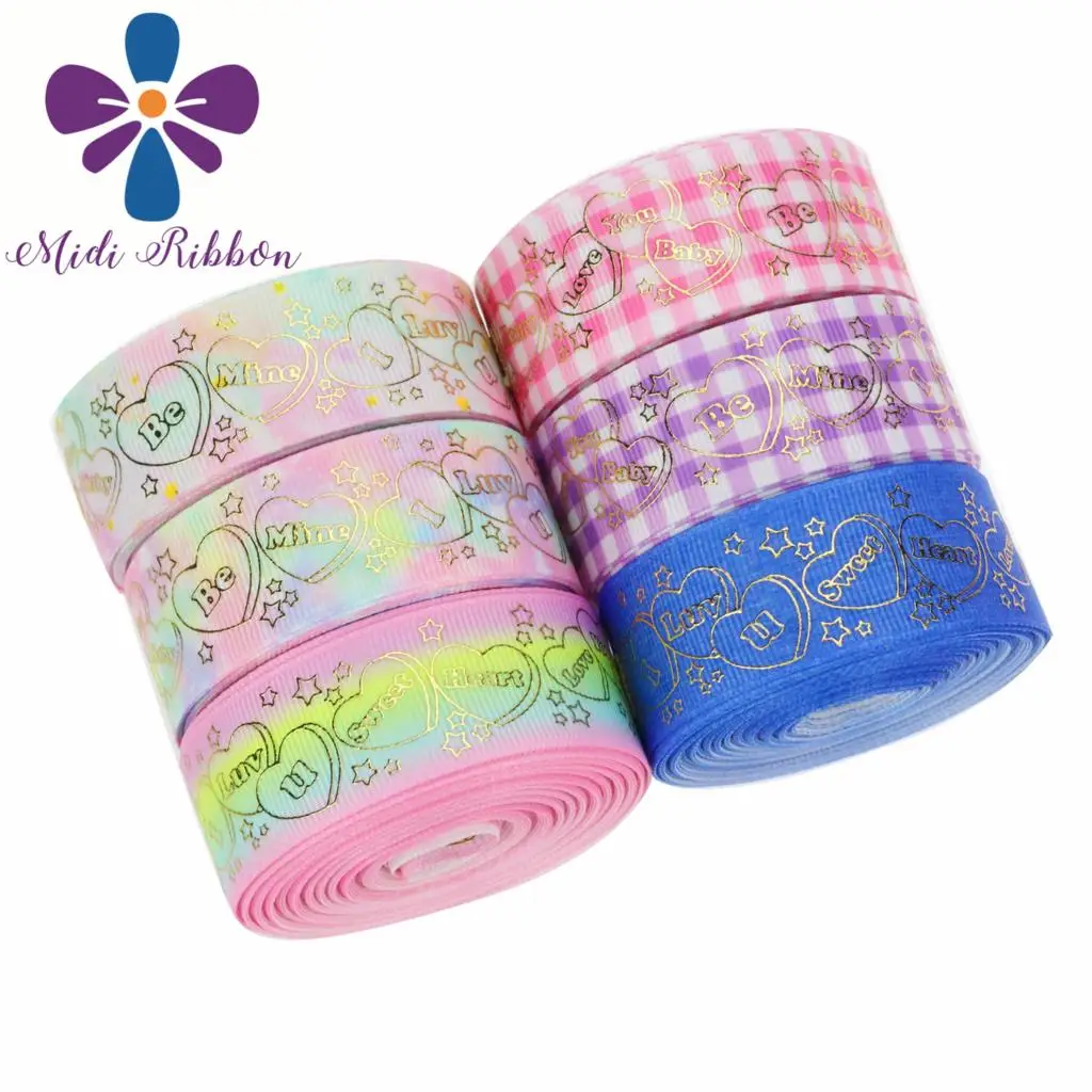 

1"25mm Sweet Heart Gold Foil Rainbow Color Printed Grosgrain Ribbon DIY Hair Bow Gift Bowknots Making 50yards/roll