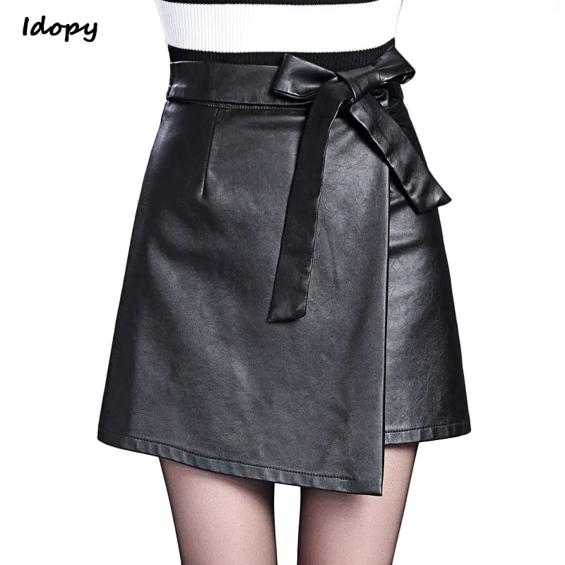 Idopy Womens Cute Faux Leather Skirt Butterfly Knot PU A Line High