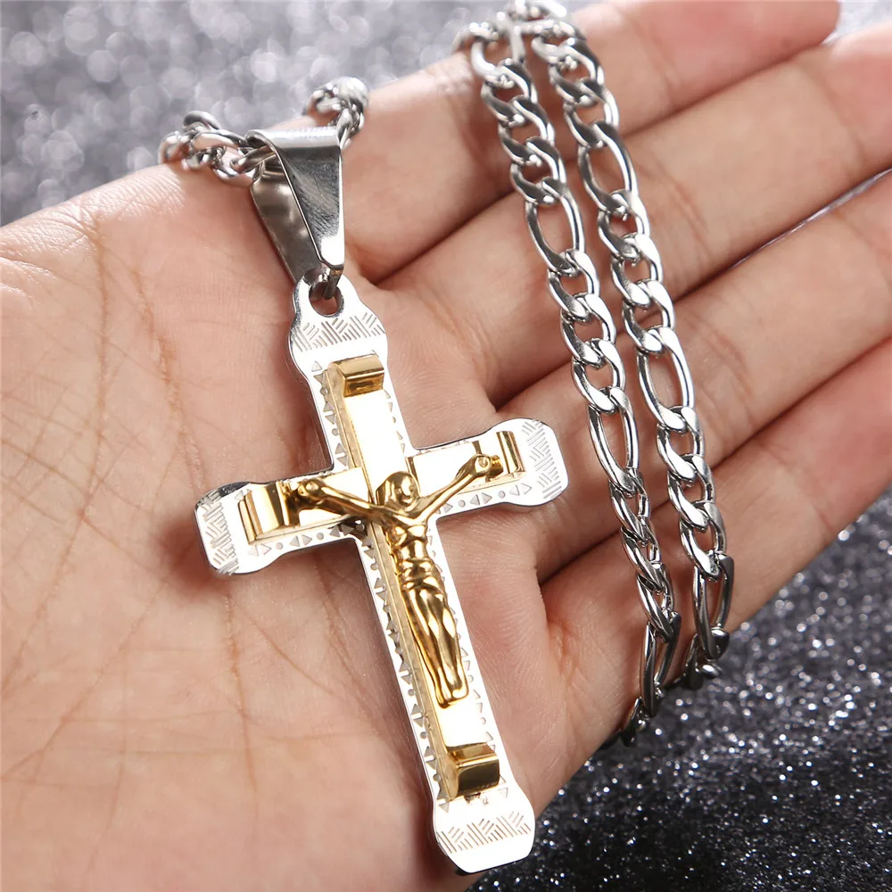 Jesus Mens Chain silver/Gold Tone Link chain Stainless Steel Cross PENDANT NECKLACE 24''