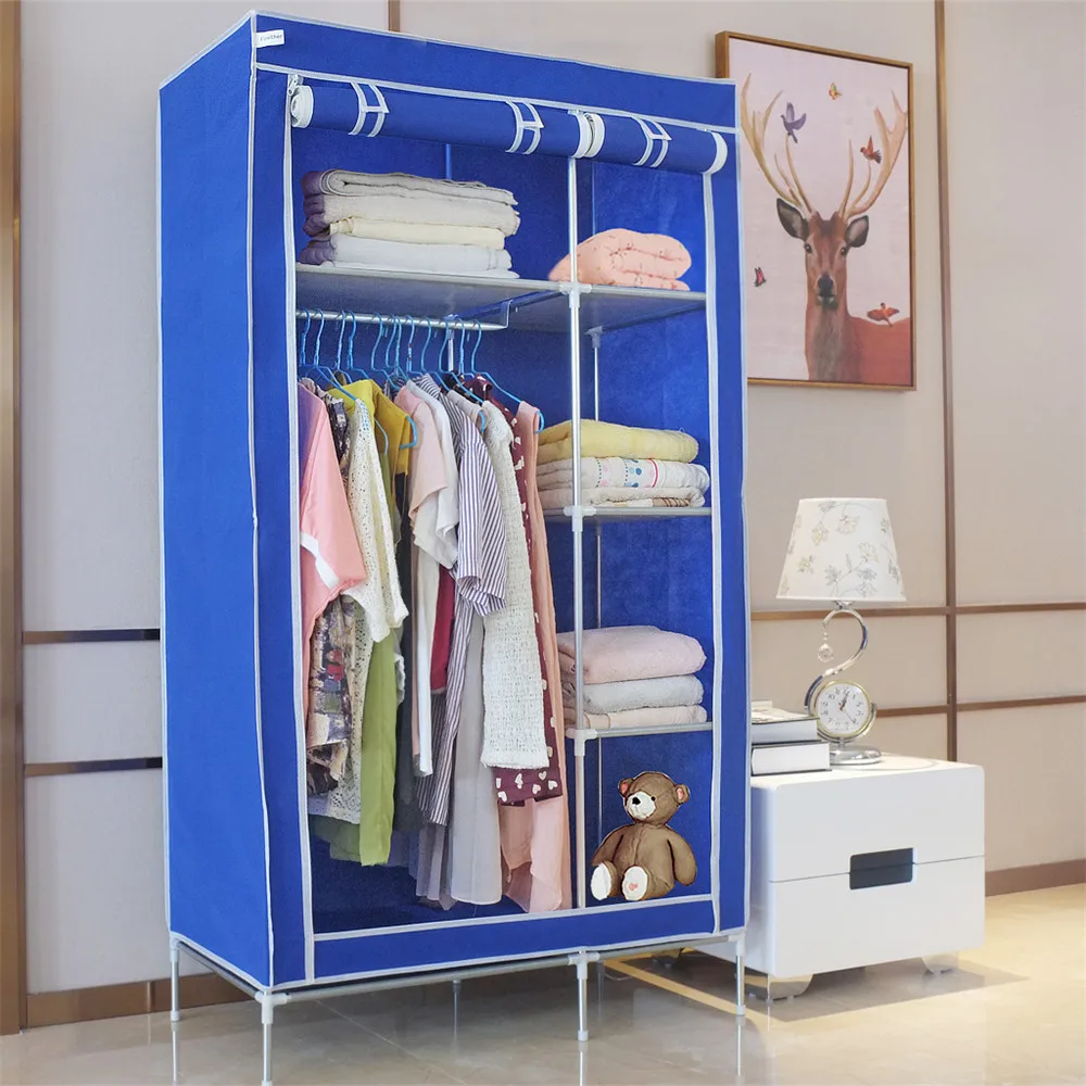 Finether High Quality Double Modular Metal Framed Fabric Wardrobe,Clothes Shelves Organiser Hanging Rail Cupboard Canvas-Blue 7
