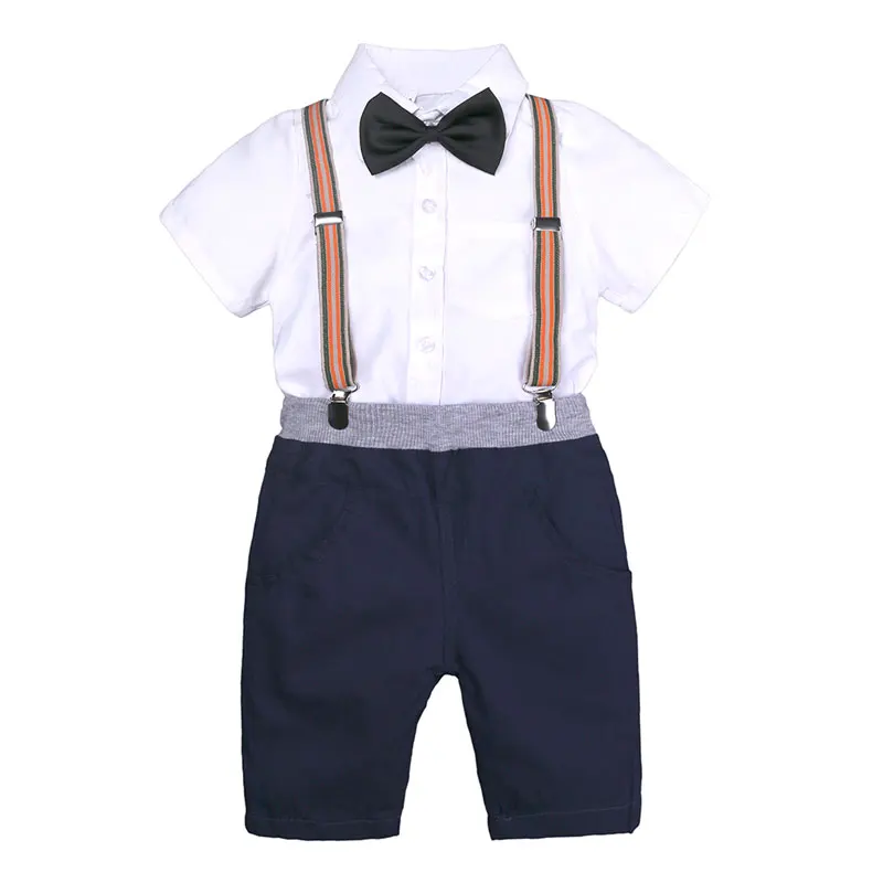 New Summer Kids Clothes Set Gentleman Style Children Sets Short Sleeve Solid Color Shirt Boy Top+Straps Shorts Formal Costume |