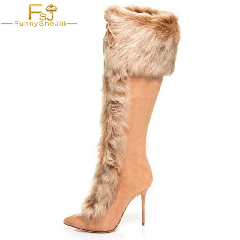 FSJ Winter Khaki Stiletto Heels Fur Women Boots Polyurethane Winter ...