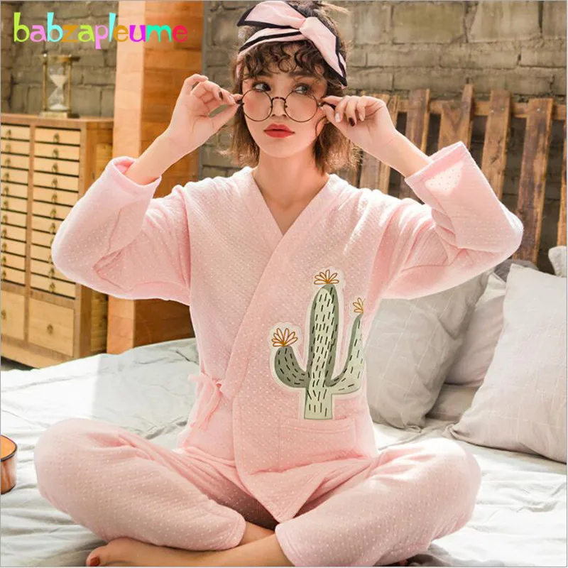 

2018 New Spring Fall Fashion Maternity Nursing Pajamas Sets Pregnant Women Breastfeeding Sleepwear Plus Size Tops+Pants BC1810-1