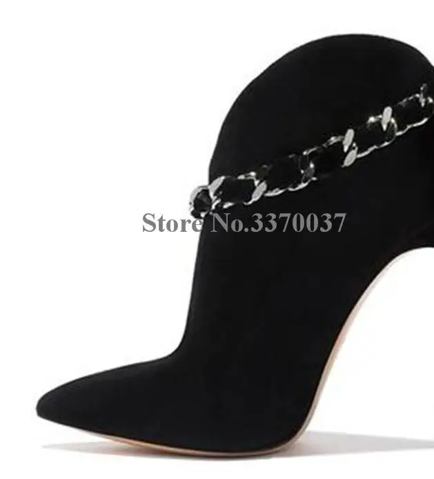 12cm black Женские модные стильные Замшевые полусапожки с острым носком и ремешком-цепочкой на металлической шпильке; розовые ботильоны с бантом - Цвет: 12cm black