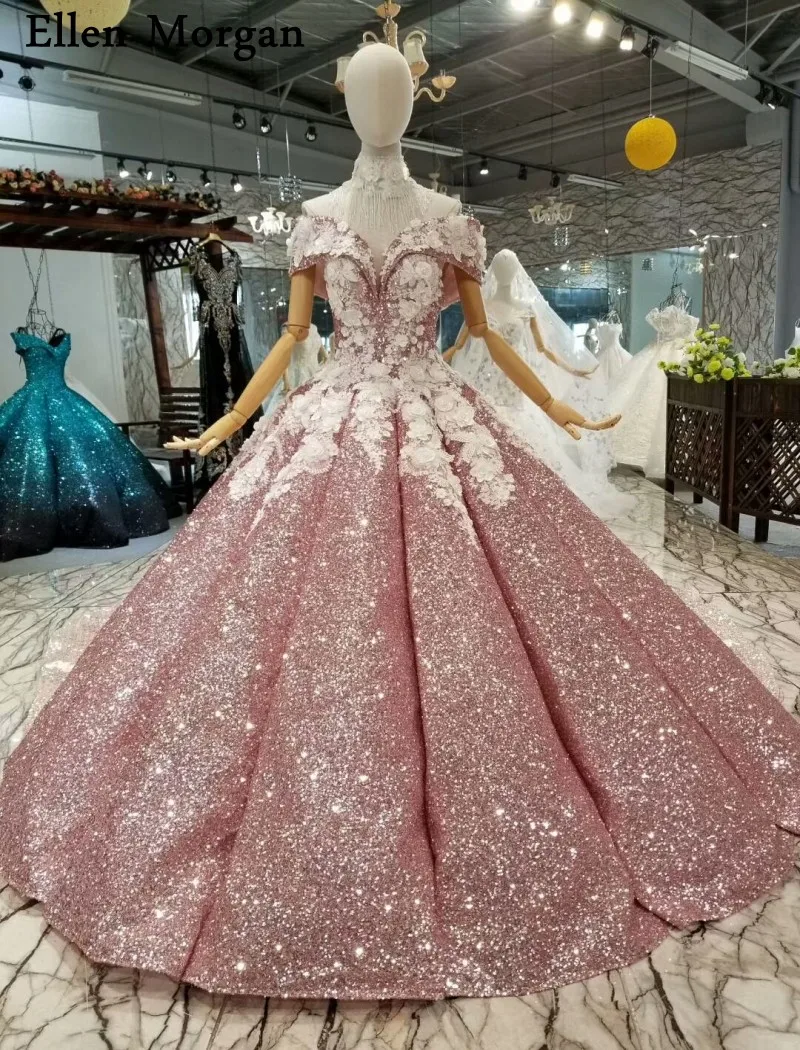 Элегантные бальные платья свадебные платья 2019 индивидуальный заказ пикантные с открытыми плечами 3D Свадебный букет блеск реальные