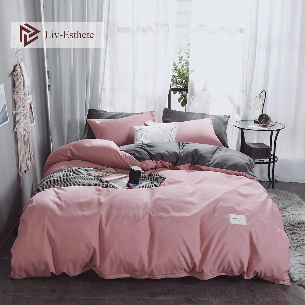 

Liv-Esthete Pink And Gray Luxury Bedding Set Home Soft Duvet Cover Flat Sheet Bed Linen Bedspread Double Queen King For Adult