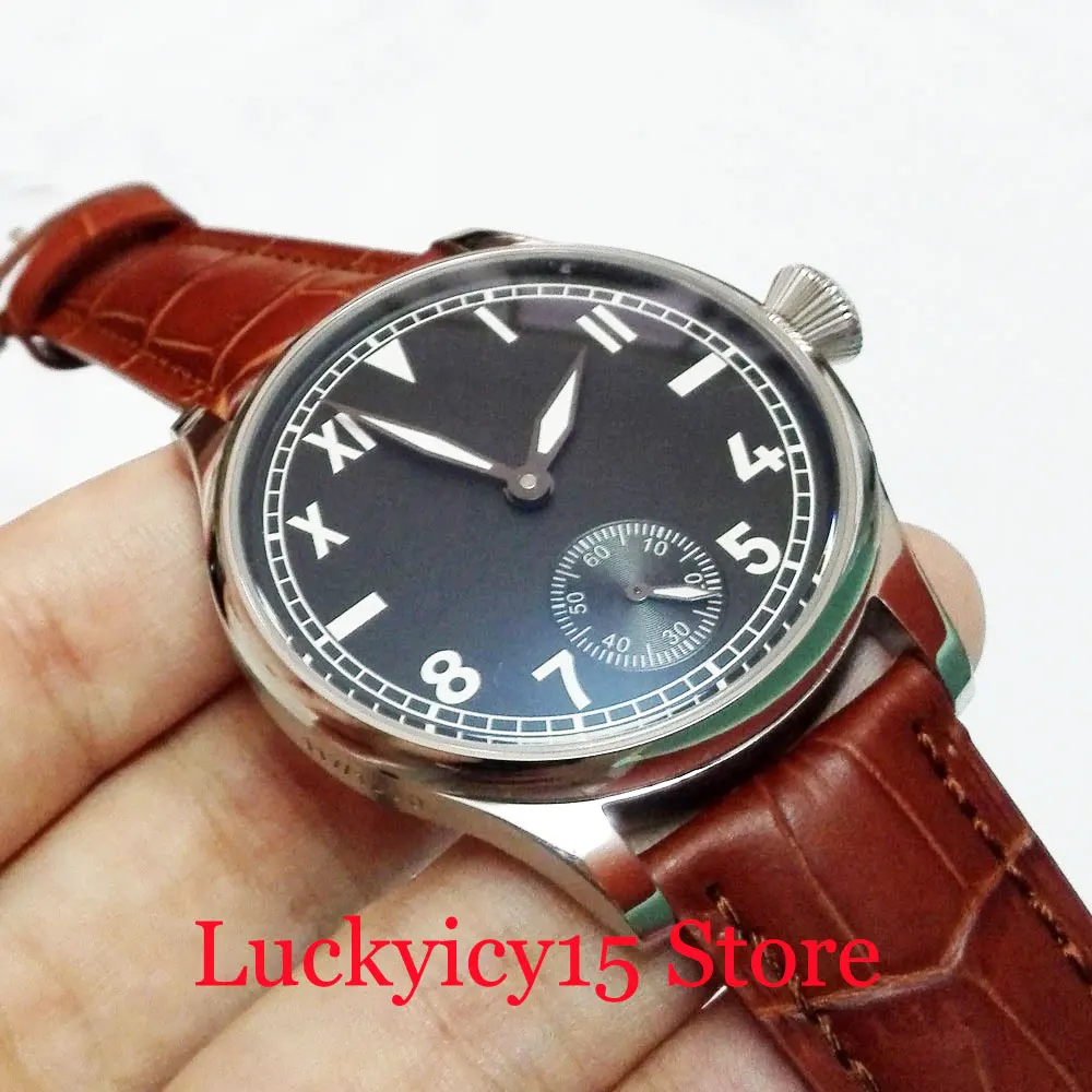

Mechanical 6498 Hand Winding Movement Men's Watch Classic Black Dial Brown Strap 44mm Wristwatch
